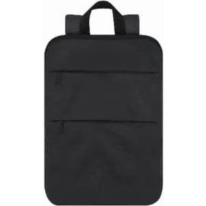 A sleek black backpack featuring two zippered compartments and top handles for easy carrying.