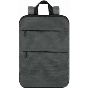 A grey backpack with two zippered pockets and a top handle for easy carrying.