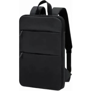 A black backpack with two front zippers and padded shoulder straps, designed for comfort and functionality.