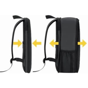 A backpack with adjustable dimensions, featuring a sleek black design and padded straps for comfort.