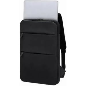 A black backpack with a laptop compartment and two front zippers, featuring adjustable straps.
