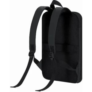 A black backpack with adjustable straps, featuring a simple design and no visible pockets or embellishments.