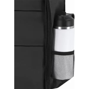 A black laptop bag featuring a side pocket with a white drink bottle inside, secured by a mesh design.