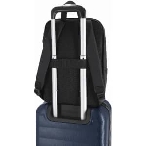 A black laptop bag with adjustable straps, positioned on top of a blue suitcase, showcasing a sleek design.
