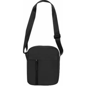A black messenger bag with a shoulder strap and a front zipper pocket, featuring a sleek and minimal design.