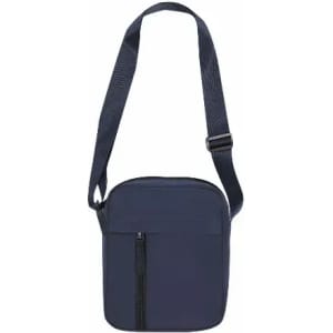 A navy blue crossbody bag with a zippered front pocket and an adjustable strap.
