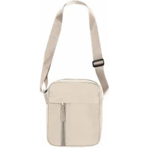 A crossbody bag in a light beige colour with a front zip pocket and an adjustable strap.