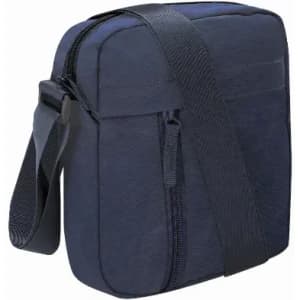 A navy blue crossbody bag with a zip closure and adjustable strap. It includes a front pocket and a plain design.