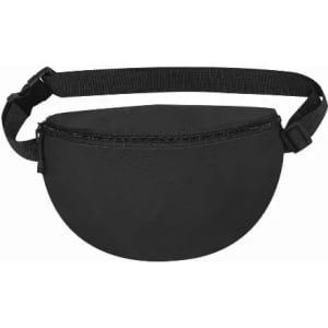 A black waist pouch with a zip closure and an adjustable strap. It has a rounded shape and a smooth finish.