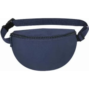 A navy blue waist bag with a curved design and a zippered compartment, featuring an adjustable strap.