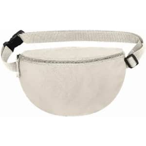 A beige fanny pack with a curved shape and an adjustable strap. It features a zippered pocket and has a logo.