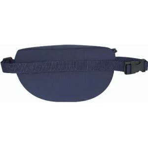 A navy blue waist bag with a zip closure and an adjustable strap. It has a simple, sleek design.