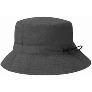 A bucket hat in dark grey with an adjustable drawstring for a customised fit.