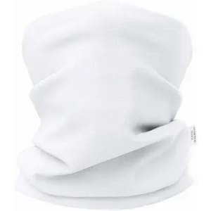 A white neck gaiter made of soft fabric, featuring a simple, seamless design. It has a brand label on the side.