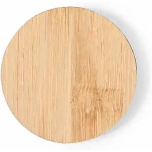 A round bamboo coaster with a smooth, light wood finish and a natural texture.