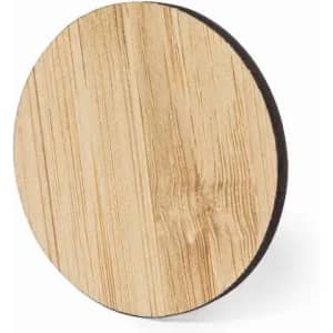 A round wooden coaster with a natural wood grain pattern and a black base, showcasing a simple and elegant design.