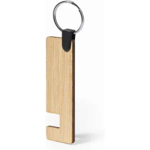 A wooden keychain with a sleek design featuring a hole for a keyring. It has a natural wood finish.