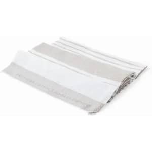 A folded towel in neutral tones, featuring alternating stripes of white and light grey. The towel has a textured finish.