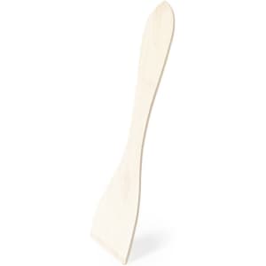 A wooden spatula in a light natural colour with a smooth, curved design and a pointed end.