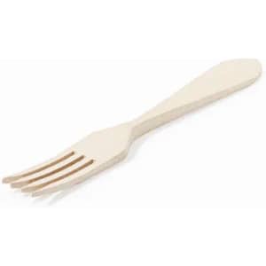 A compostable wooden fork in a light natural colour, featuring four tines and a smooth handle.