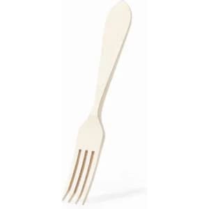 A biodegradable fork with a cream colour and four tines, featuring a smooth handle.