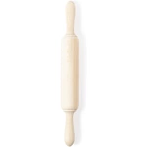 A wooden rolling pin with a smooth surface and decorative handles, featuring a light cream colour.