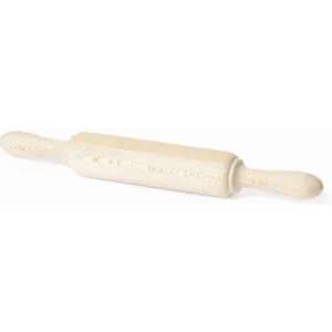 A rolling pin with a cream colour, featuring decorative patterns on the handles and body, and a logo on the side.