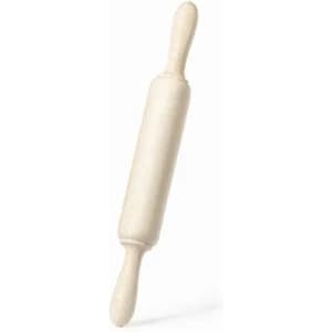 A wooden rolling pin in a light natural colour with rounded handles on both ends.
