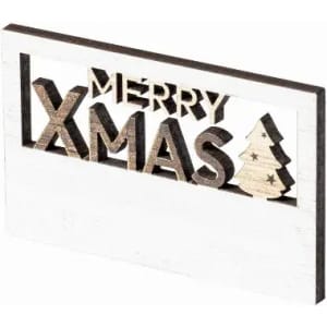 A decorative wooden sign featuring the words "MERRY XMAS" and a tree design, with a white background.