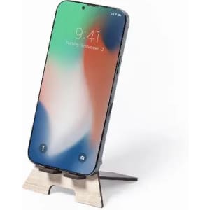 A phone stand made of light wood, holding a sleek smartphone with a vibrant, colourful display.