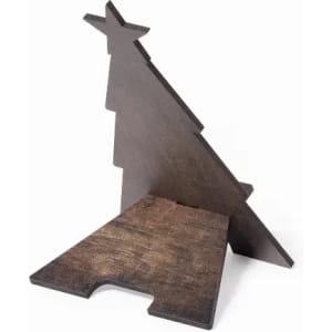 A wooden Christmas tree display stand in a brown finish, featuring a star on top and a stable base.