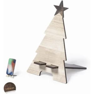 A decorative wooden Christmas tree stand in light wood, featuring a star on top and two slots for holding items.