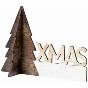 A wooden Christmas decoration featuring a tree and the word "XMAS" in a natural colour scheme.