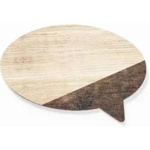 A speech bubble-shaped wooden coasters in light and dark wood tones with a natural finish.