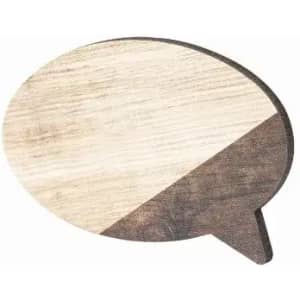 A wooden speech bubble shape with a light and dark wood design, featuring a pointed tail.