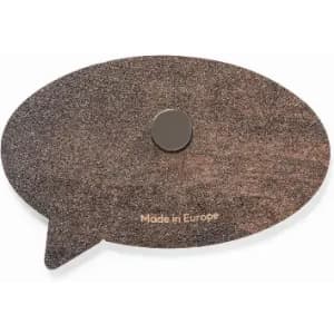 A brown speech bubble-shaped product with a magnet on the back and a logo, labelled "Made in Europe."