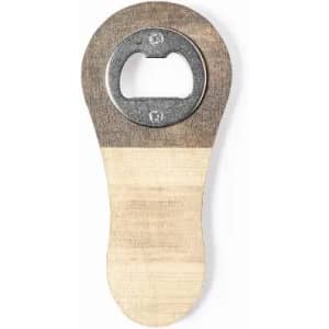 A wooden bottle opener with a metallic top and light wooden handle. It features a logo on the metal section.