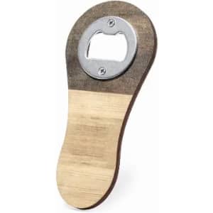 A bottle opener with a wooden handle, featuring a metal opening mechanism at the top. The wood is light and dark brown.
