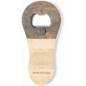 A bottle opener with a wooden finish, featuring a metal opening mechanism and a logo on the surface.