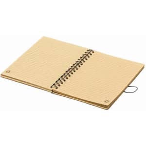 A spiral-bound notebook with blank pages, featuring a natural tan cover. It has a simple design and a logo on the front.