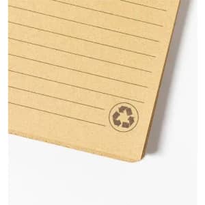 A notepad with lined pages, featuring a recycled paper logo in the bottom corner and brown kraft paper colour.
