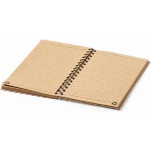 A notepad with a spiral binding, featuring lined pages and a beige cover.