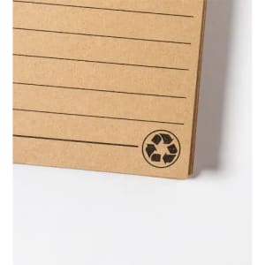 A recycled paper notepad with lined pages and a small recycling logo in the bottom corner.