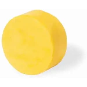 A round, yellow product with a smooth surface, featuring a simple design.