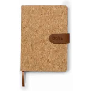 A cork notebook with a brown leather strap, featuring the year 2026 embossed on the strap.