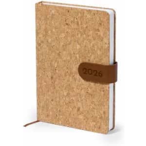A cork-covered notebook with a brown strap, featuring a simple design and an elastic band for closure.
