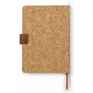 A cork notebook with a brown leather strap and a ribbon bookmark. It features a simple, natural design.