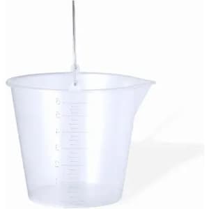 A measuring cup with a spout, made of clear plastic, featuring measurement markings on the side.