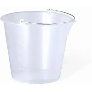 A transparent plastic bucket with a metal handle, featuring measurement markings on the side.
