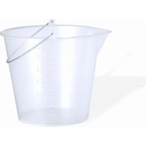 A clear plastic measuring bucket with a handle and measurement markings along the side.